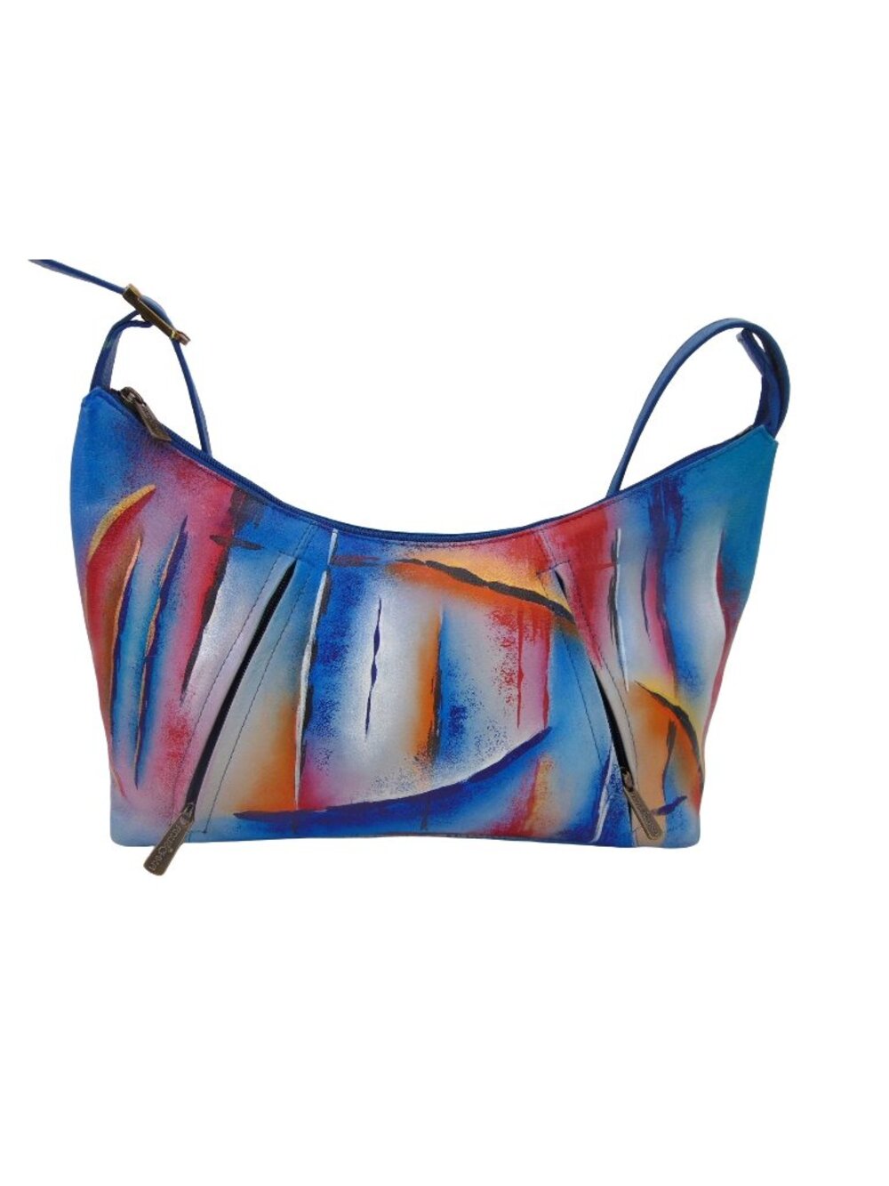 Anuschka Leather Abstract Lines Shoulder Hobo Purse Handbag Shimmer  Blue Pink